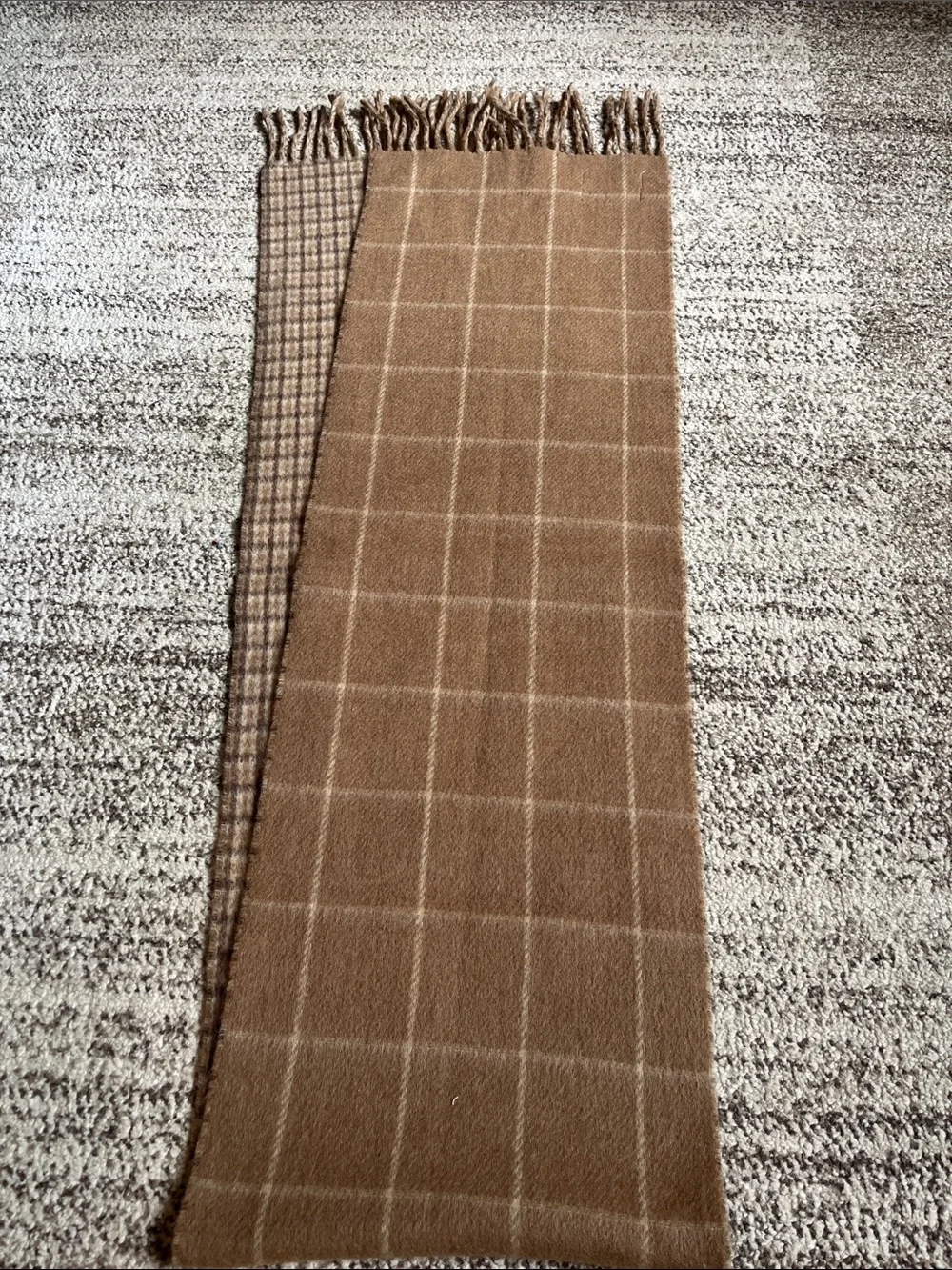 Polo by Ralph Lauren Tan and Brown Plaid Wool Scarf with Fringe